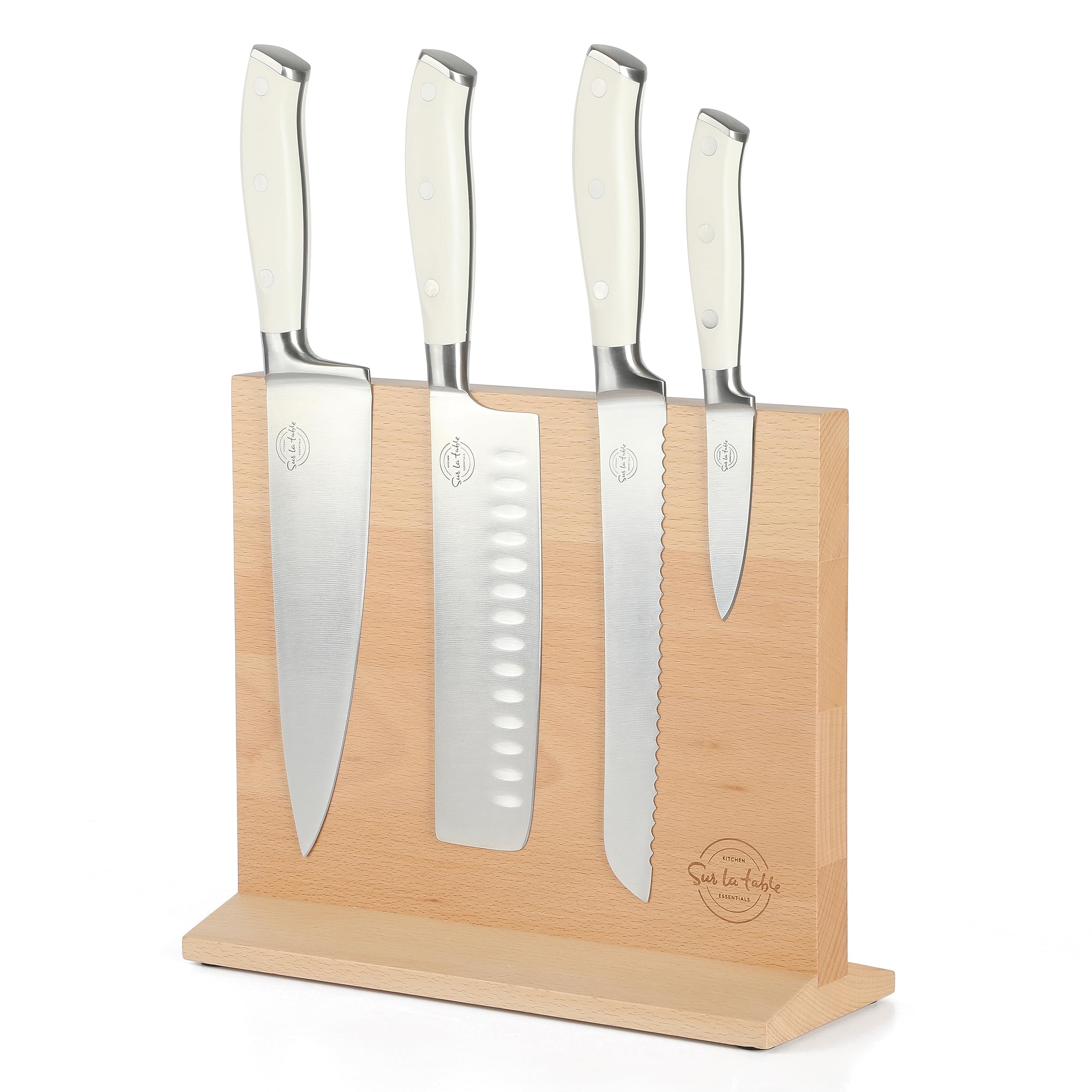 Sur La Table Kitchen Essentials 5 Piece German Steel Blade w/Triple Riveted Handle Set on Beechwood Magnetic Block - Linen White