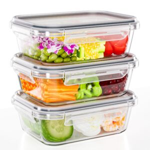 tuseasy 3-pack 35 oz borosilicate glass food storage containers with lids, stackable airtight glass meal prep containers for lunch & leftover, bpa-free & leak proof, for microwave, oven, dishwasher