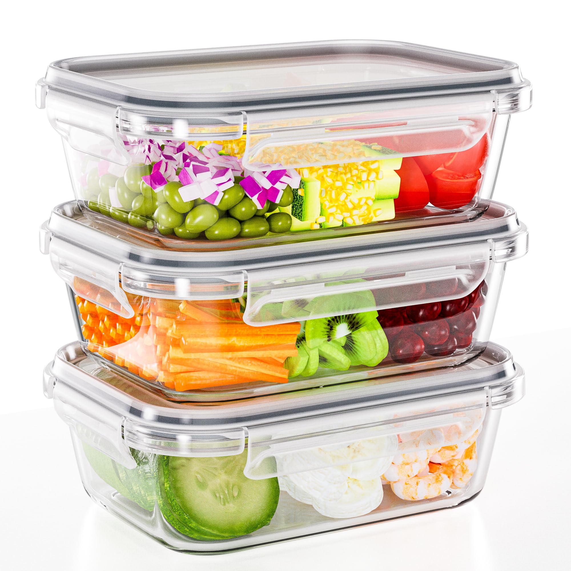 TUSEASY 3-Pack 35 oz Borosilicate Glass Food Storage Containers with Lids, Stackable Airtight Glass Meal Prep Containers for Lunch & Leftover, BPA-Free & Leak Proof, for Microwave, Oven, Dishwasher