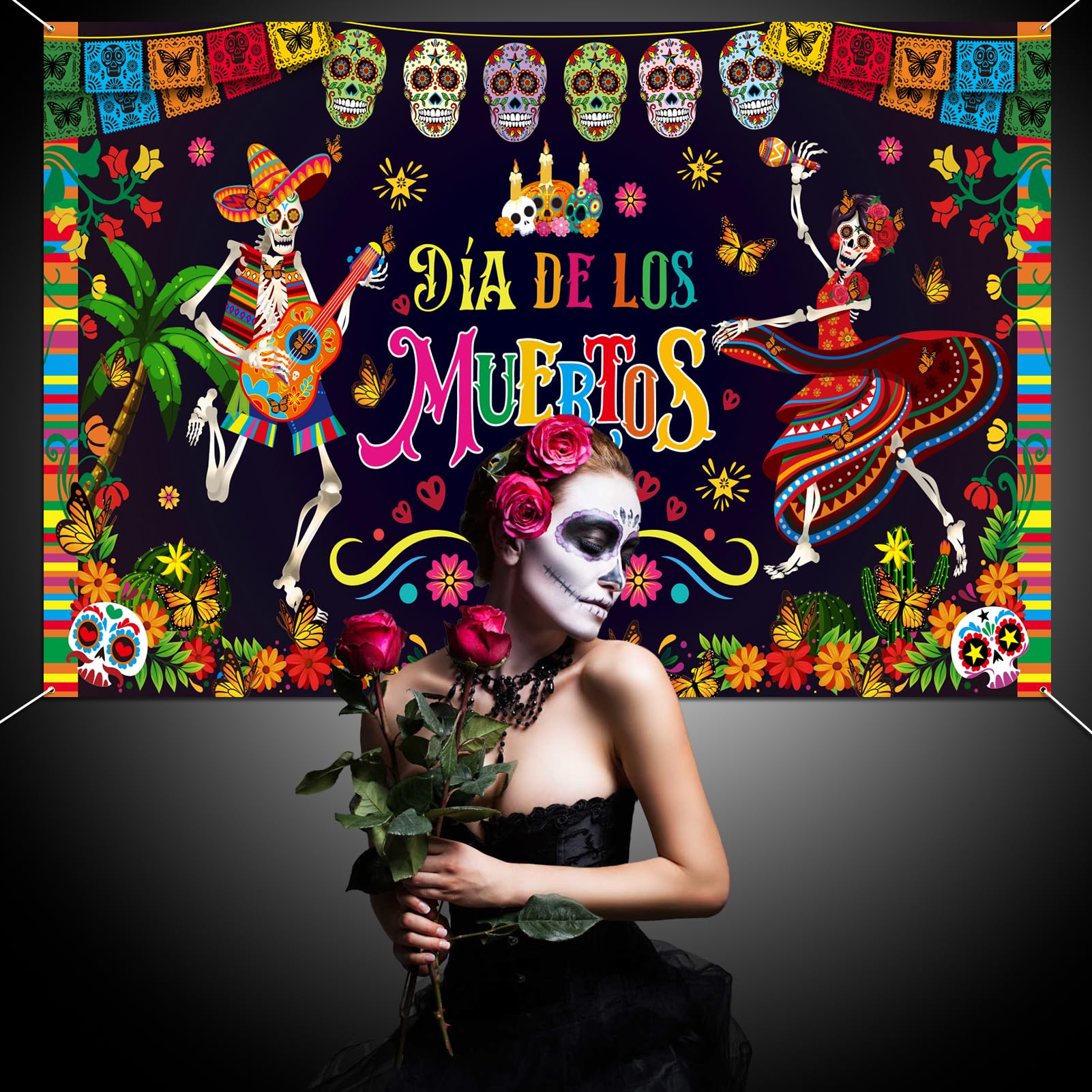 HOWAF Dia De Los Muertos Backdrop Banner, Day of the Dead Party Decoration Background Banner, Sugar Skull Marigold Flower Banner for Halloween Mexican Fiesta Dia De Los Muertos Party Supplies