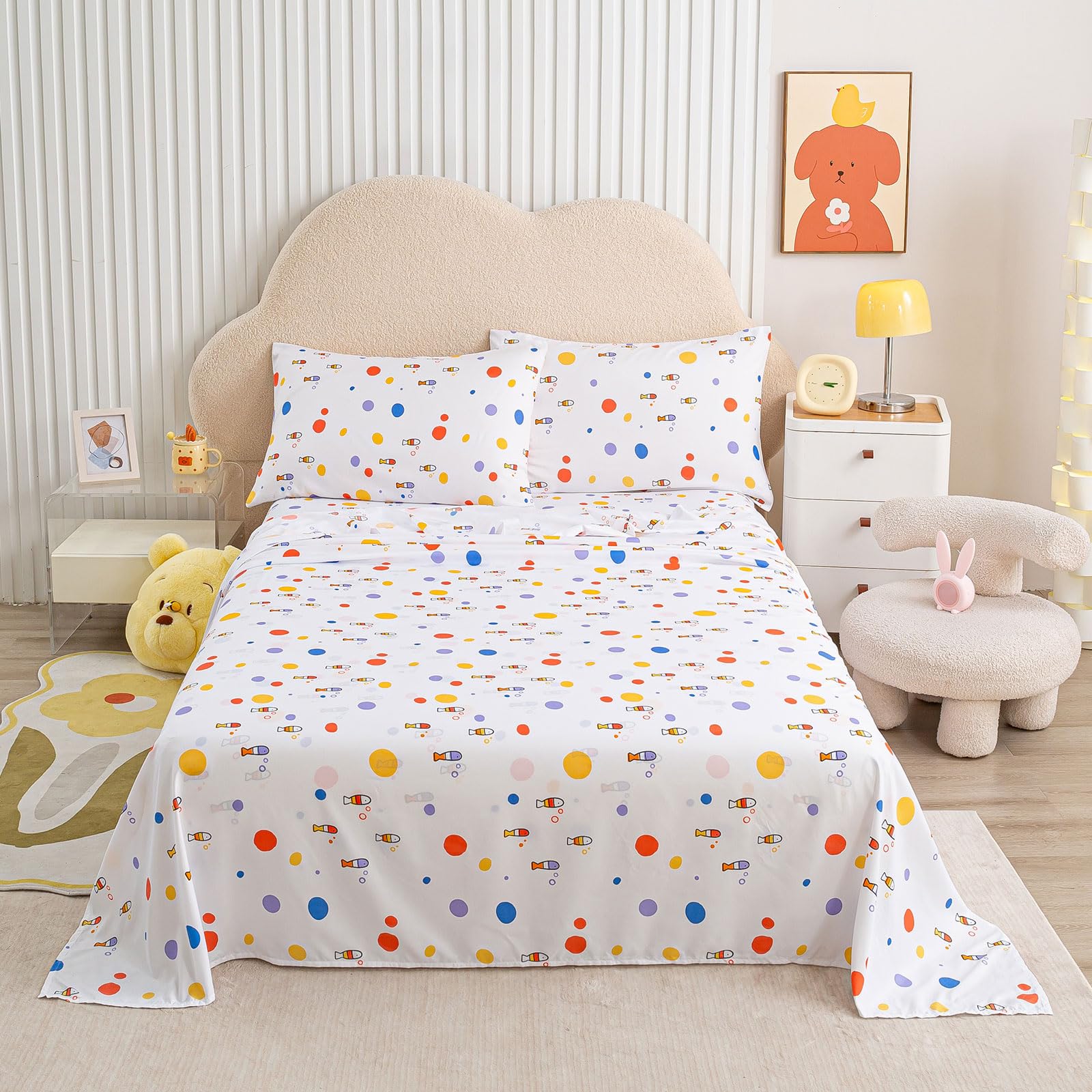 LONAVA Twin Size Printed Kids Sheet Set - 3 Piece Wrinkle-Free Luxurious Soft Microfiber Sheet, Oeko-TEX Certified, Deep Pocket, Breathable & Elastic, Dotty Fish