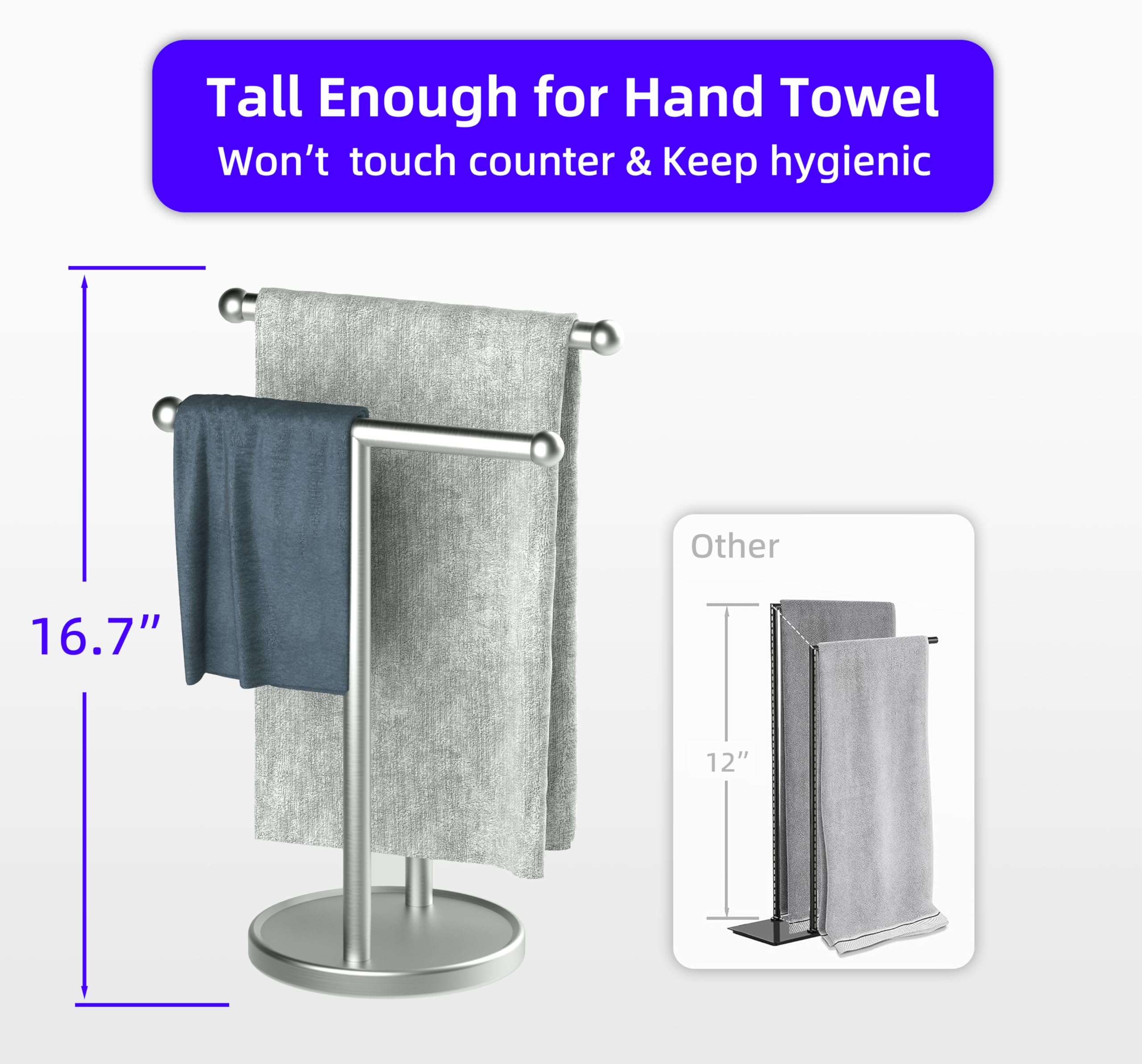 Qflushor 2-Tier Hand Towel Holder Stand with Weighted Base, 16.7" Countertop Towel Holder for Bathroom, Standing Towel Rack Stainless Steel, Double Fingertip Towel Holders, Silver