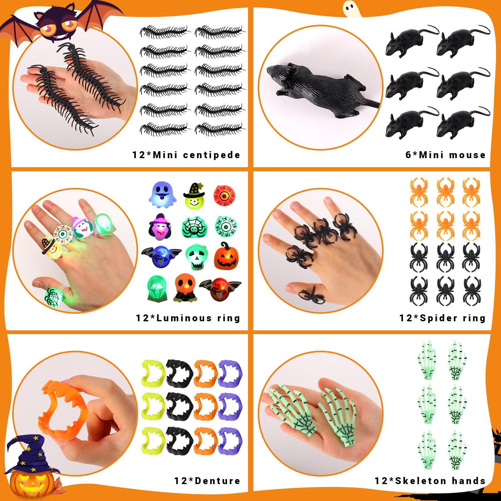 SCIONE 108Pcs Halloween Gooide Bag Stuffers for Kids,Halloween Trick or Treat Toys,Non Candy Halloween Treat Bag Fillers,Halloween Party Favors Toys Bulk for Kids 4-8 8-12,Halloween Pumpkin with Toys