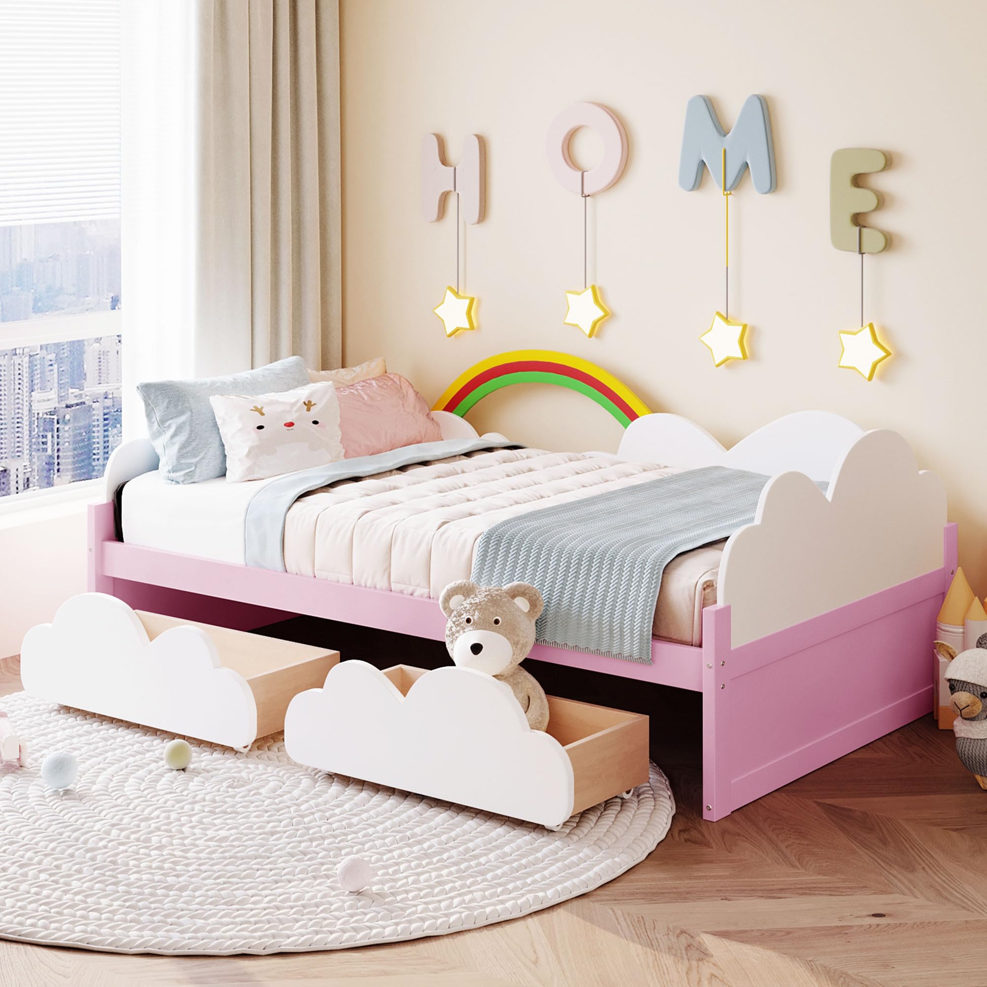 Harper & Bright Designs Twin Size Daybed with 2 Storage Drawers, Wood Kids Twin Bed Frame with Clouds and Rainbow Decor, Twin Storage Bed Frame for Kids Girls Boys, No Spring Box Required, White+Pink