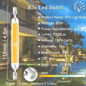 Dimmable R7s LED Bulbs 20W High Brightness LED Light Bulbs 200W Halogen Equivalent Bulbs R7s Double Ended J-Type T3 R7s Base for Work Lighting Landscape Lights,Warm White,118mm 2 Pack