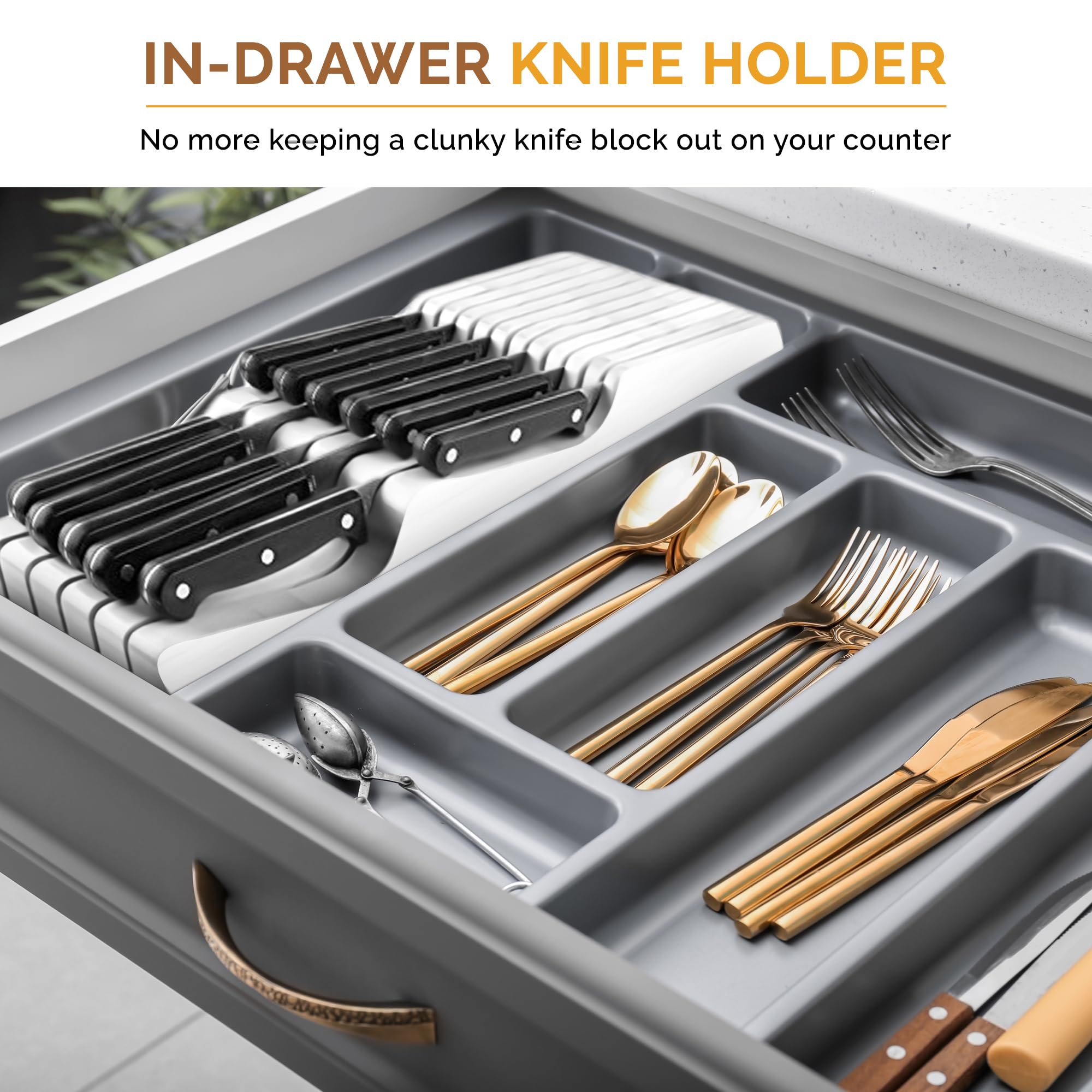 In-Drawer Knife Block Organizer - Bamboo Wood Drawer Knife Organizer - Holds 5 Long + 6 Short Knives (Not Included) - Store Knives with Blades Pointing Down