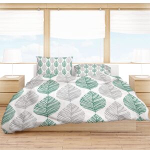 Green and Grey Leaf Texture Duvet Cover Cal. King Size, Gray Abstract Art Leaves Comforter Cover with Zipper Closure, 3 Piece Bedding Sets 1 Duvet Cover 90x106 Inches and 2 Pillow Shams