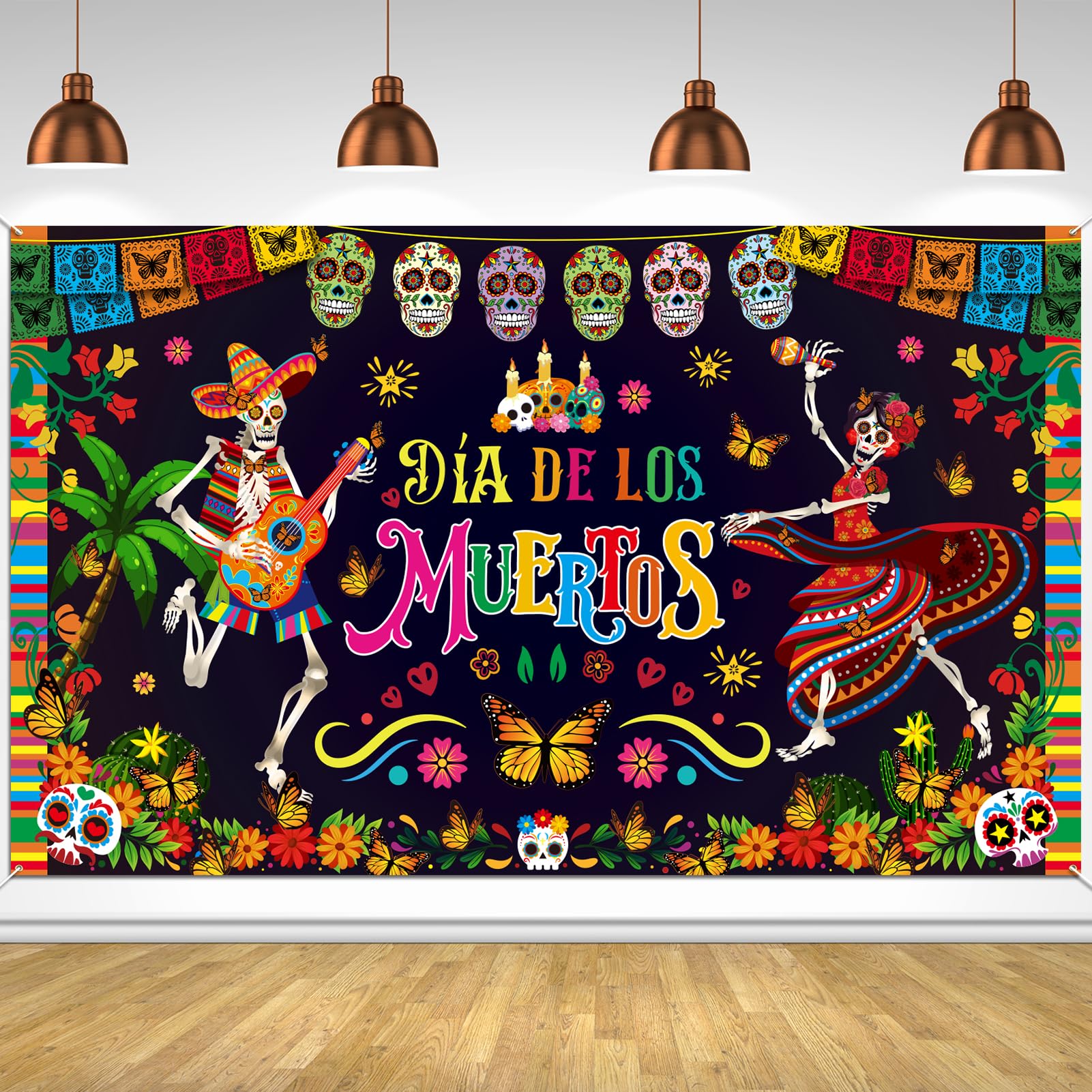 HOWAF Dia De Los Muertos Backdrop Banner, Day of the Dead Party Decoration Background Banner, Sugar Skull Marigold Flower Banner for Halloween Mexican Fiesta Dia De Los Muertos Party Supplies