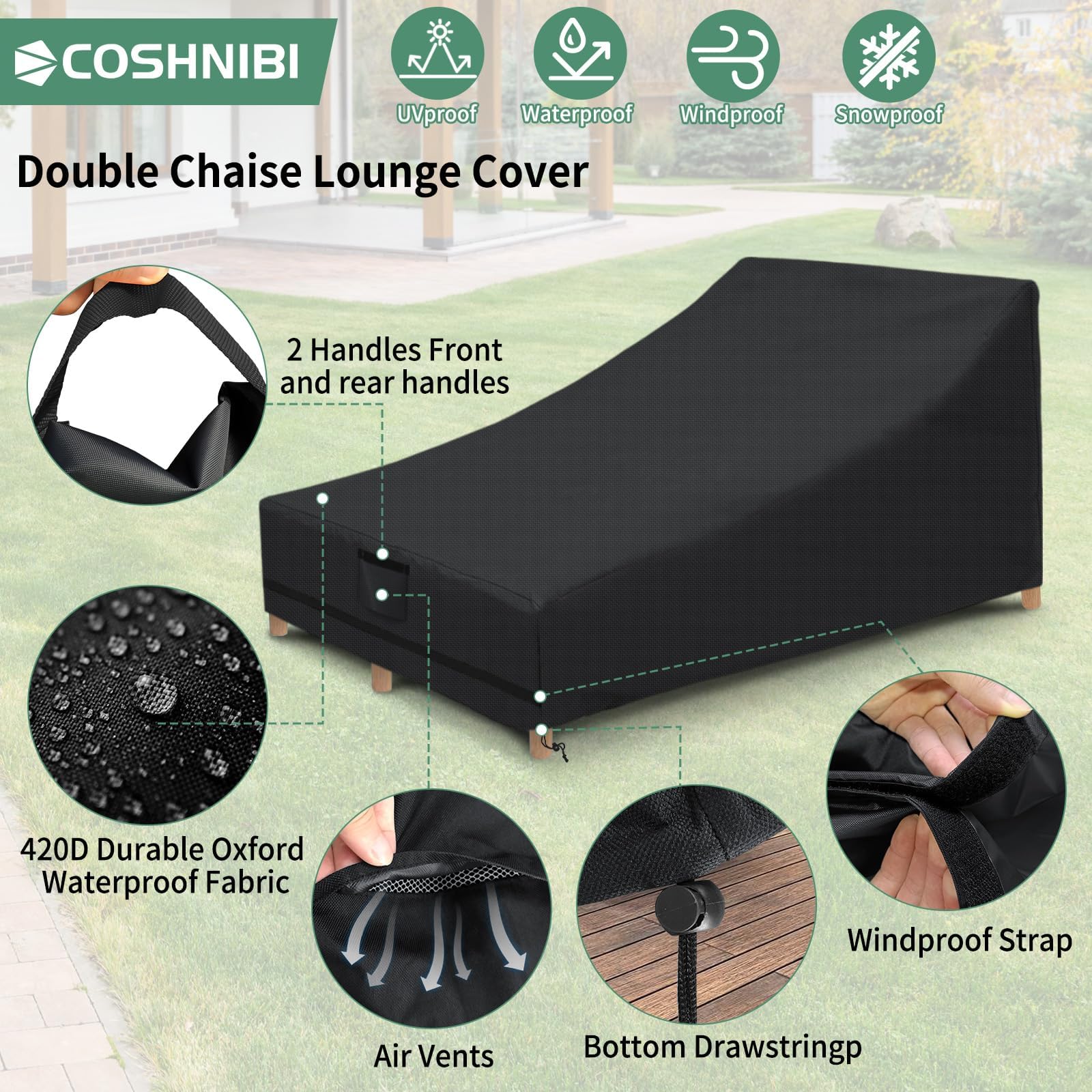 COSHNIBI Double Chaise Lounge Cover,600D Outdoor Waterproof Patio Double Wide Chaise Lounge Chair Cover, for 82 L x 59 W x 32 H Double Recliner, Black