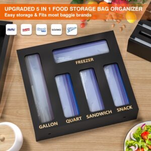 DALSHABET 9 IN1 Bamboo Storage Bag Drawer Organizer with Cutter, Foil and Plastic Wrap Dispenser for Kitchen Storage Compatible with All Brands Gallon, Quart, Sandwich & Snack Size Bags - Black