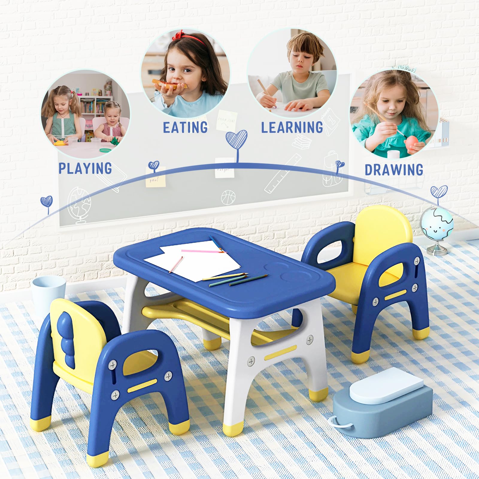 Kids Table and Chairs,Toddler Table and Chair Set, Activity Table for Kids with Storage Shelf Ideal for Preschool, Kindergarten, Easy to Clean,Durable and Drawing (Green Blue)