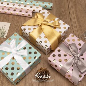 Ribbli Birthday Wrapping Paper Polka Dots Gift Wrap for Baby Shower Roll, 3 Rolls Pink White Blue Dots Pattern with Gold Foil - 17 inch x 120 inch(10feet) Per Roll