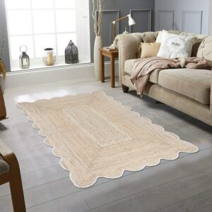 CASAVANI Scalloped Collection Rectangular Area Rug - 4' x 8', Beige Scallop Geometric Jute Rug Ideal for High Traffic Areas in Dining Room, Living Room, Bedroom