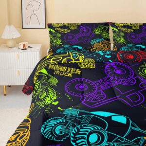 QOOMO Truck Comforter Set for Kids Teens Boys,Neon Truck Kids Comforter,1 Comforter with 2 Pillowcase, Microfiber 3 Piece Bedding Set,Soft and Lightweight(Black，Twin Size)