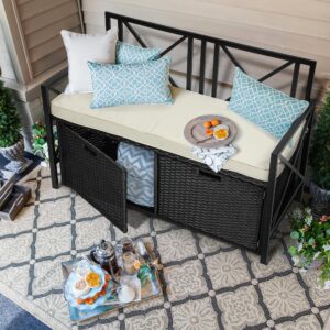 YITAHOME 70 Gallon Outdoor Storage Bench w/Cushion, Wicker Storage Deck Box w/Seat, All-Weather PE Rattan Storage Seating for Patio Furniture, Outdoor Cushions and Garden Tools -Black&Beige