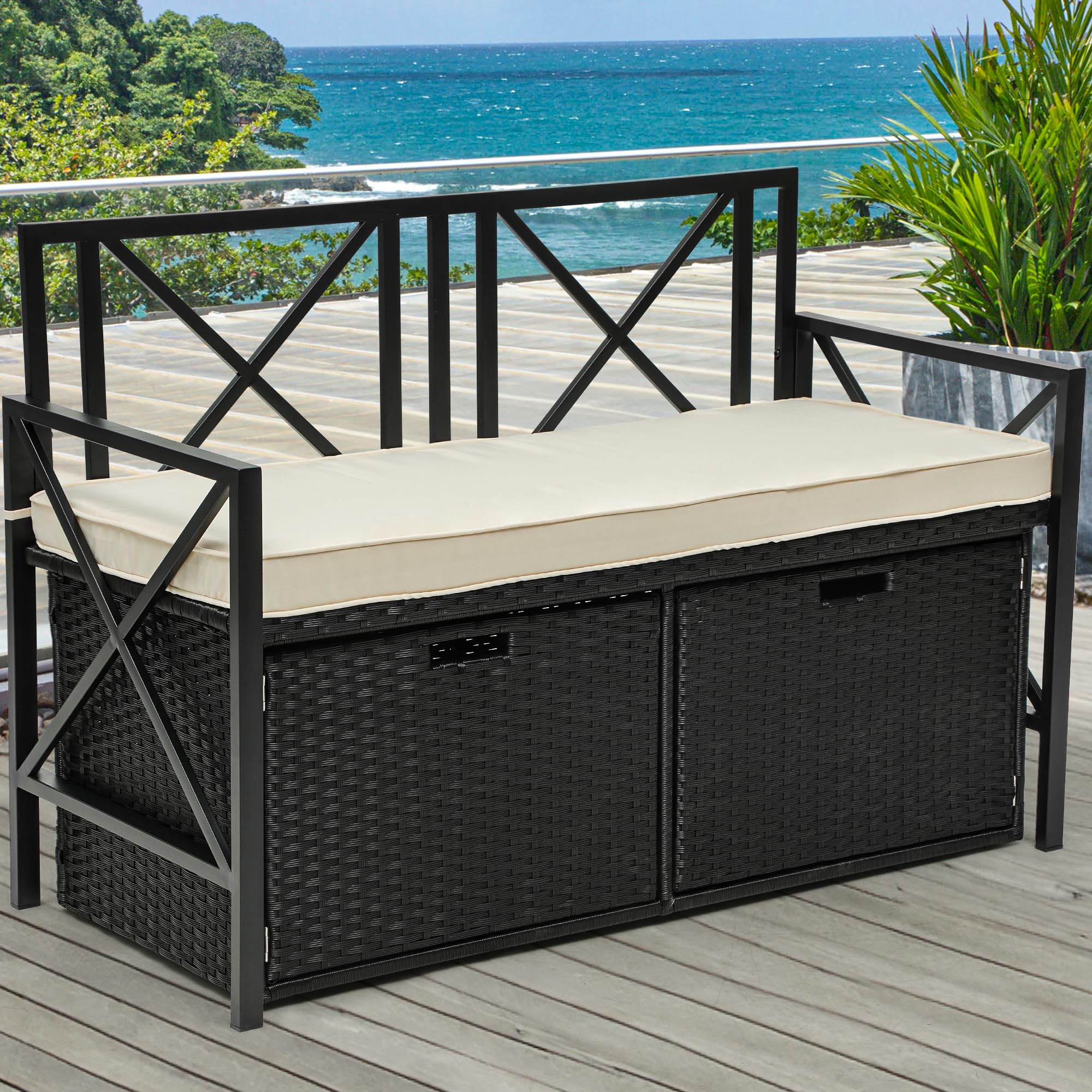 YITAHOME 70 Gallon Outdoor Storage Bench w/Cushion, Wicker Storage Deck Box w/Seat, All-Weather PE Rattan Storage Seating for Patio Furniture, Outdoor Cushions and Garden Tools -Black&Beige