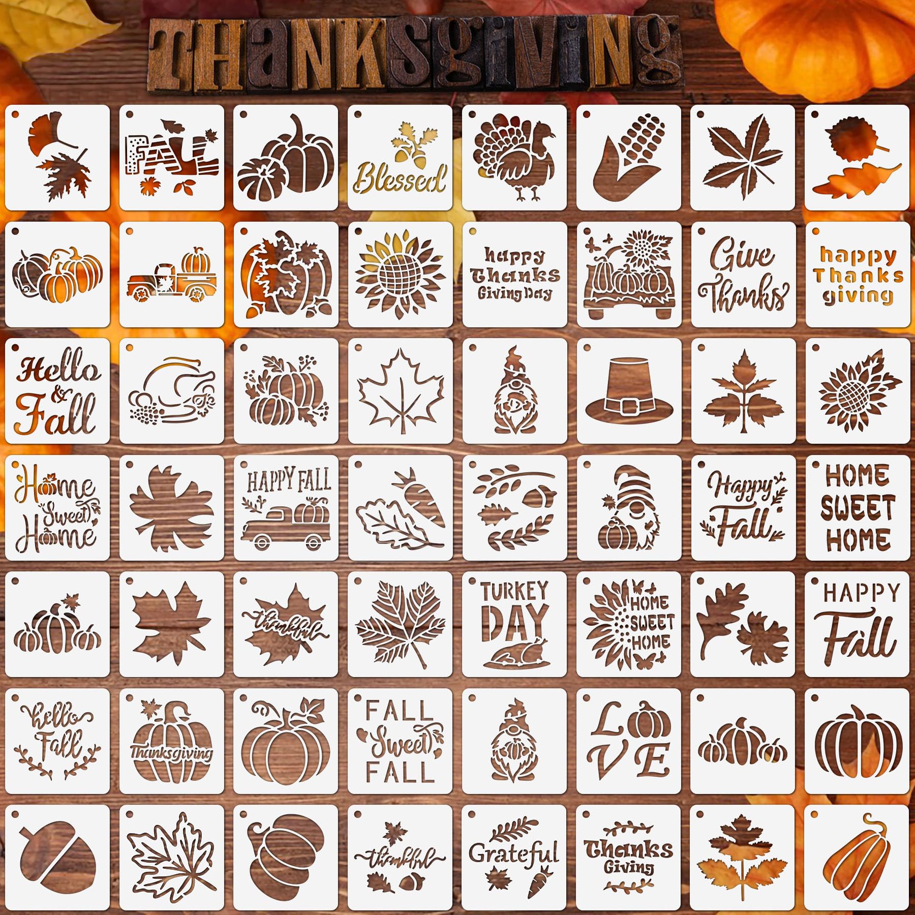 Augshy Fall Stencils, 56 Pack Thanksgiving Stencils Small Fall Stencils for Painting on Wood Ornaments Slice DIY Crafts Fabrics Window Thanksgiving Autumn Decoration (3 Inch)