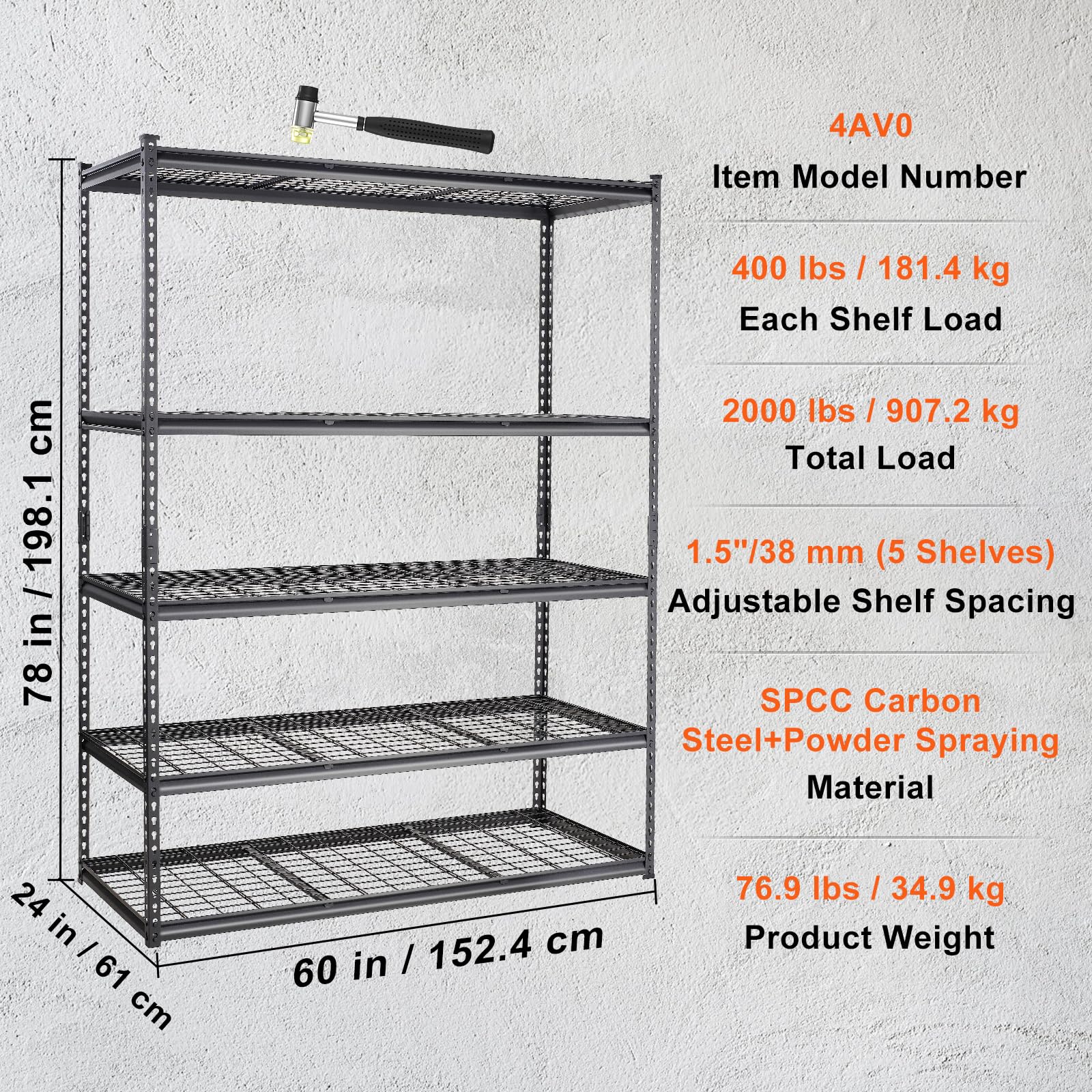 VEVOR Storage Shelving Unit, 5-Tier Adjustable Storage Shelves, 60" L x 24" W x 78" H Heavy Duty Garage Storage Shelves, Metal Shelves for Kitchen Pantry Basement Bathroom Laundry