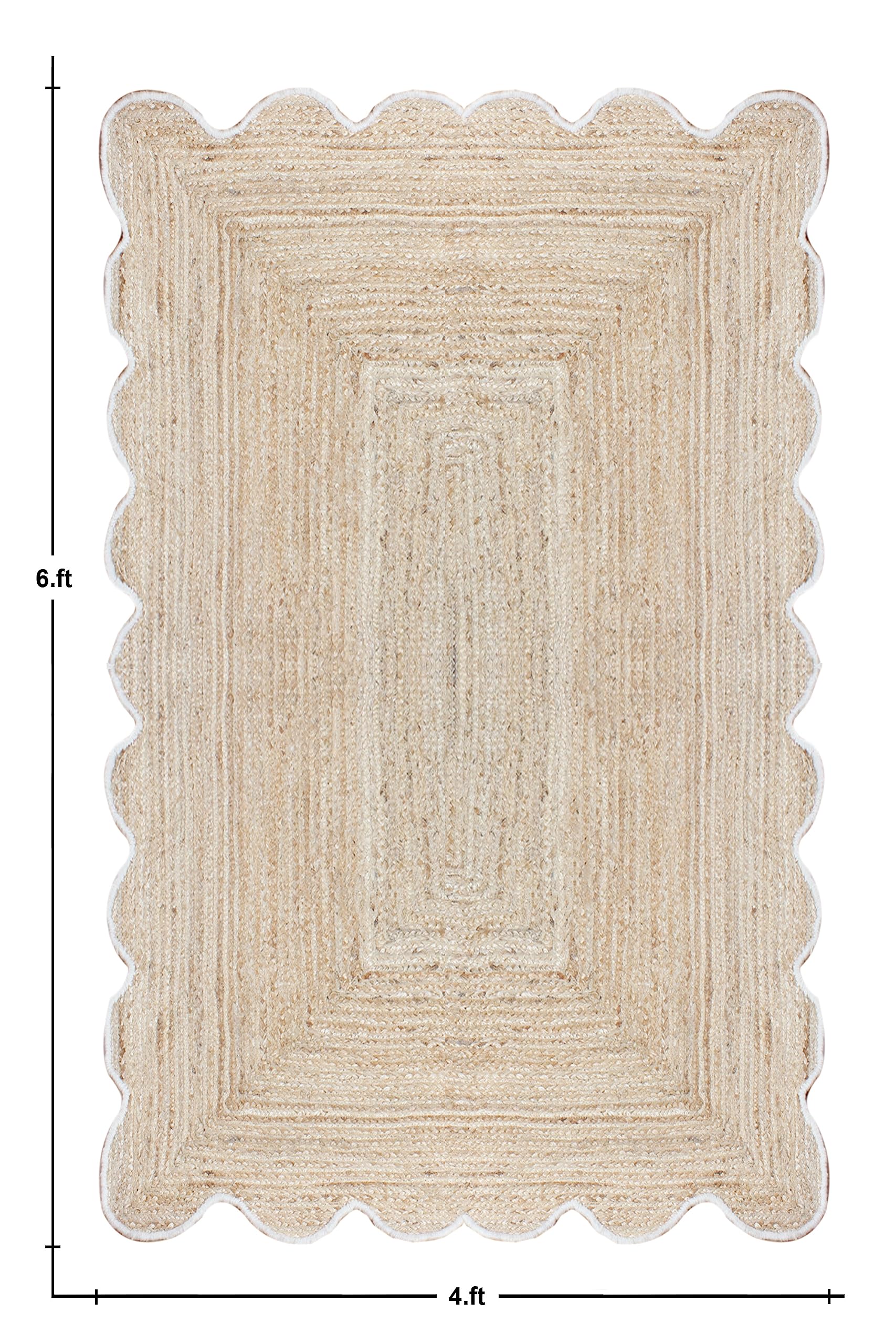 CASAVANI Scalloped Collection Rectangular Area Rug - 4' x 8', Beige Scallop Geometric Jute Rug Ideal for High Traffic Areas in Dining Room, Living Room, Bedroom