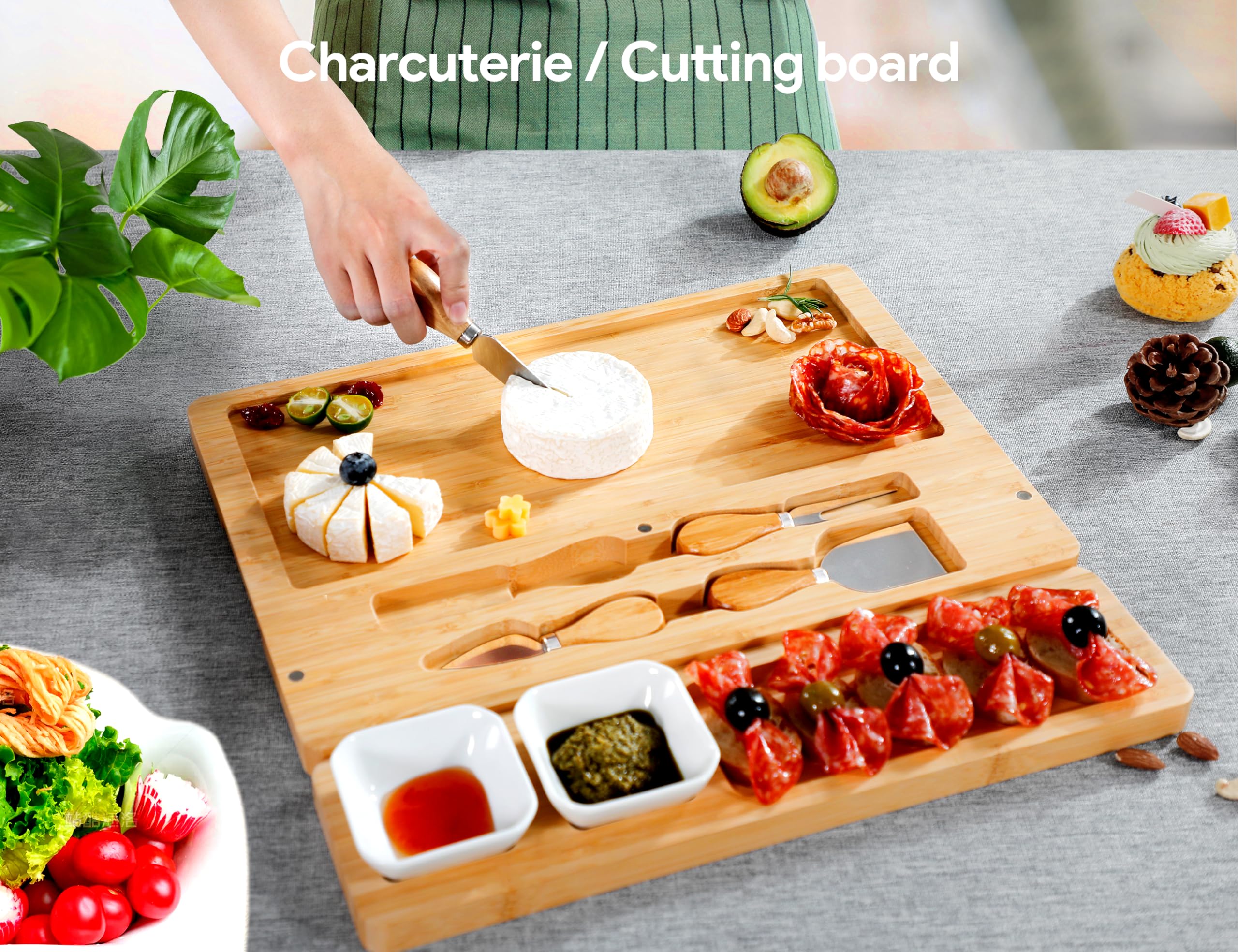 Charcuterie Boards, Thereye Cheese Board with Knife Set, Bamboo Charcuterie Board Set, Gifts for Women, Wedding Gifts, House Warming Gifts, Bridal Shower Gift