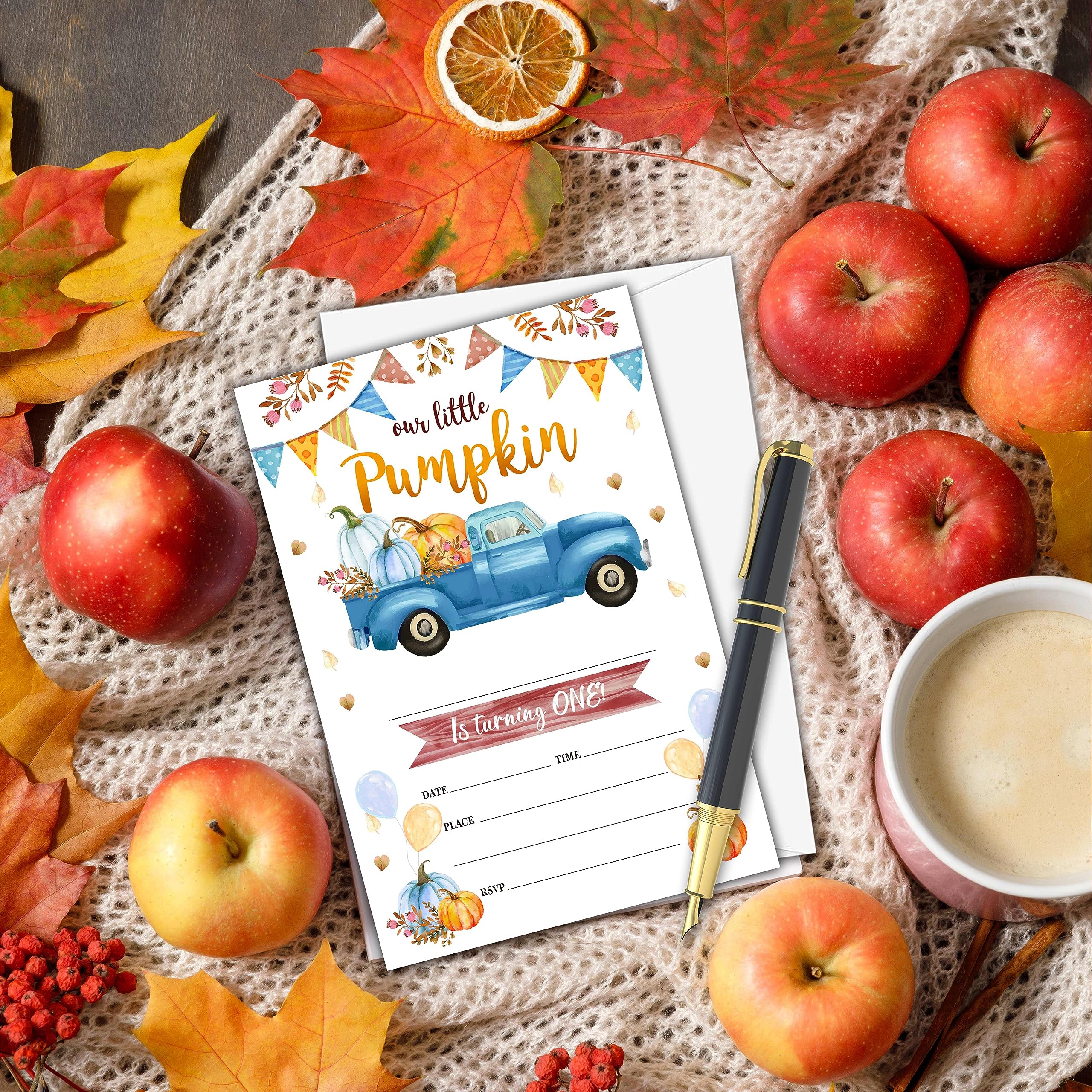 Fall Birthday Invitations, 1st Pumpkin Truck Birthday Party Invitation Card, Autumn Harvest Fill-in Invites, Birthday Party Favors & Thanksgiving Supplies (20 Set of Invitations with Envelopes)-04