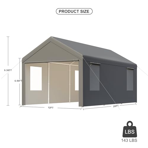 CAPEWORTH Carport,12x20 Heavy Duty Carports,Canopy,Garage,Metal Shed,with 4 Roll-up Ventilated Windows,Outdoor,Storage,Car,Boat,12x20 Gray