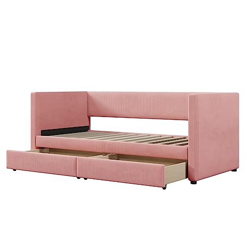 Merax Twin Size Corduroy Daybed with Two Drawers and Wood Slat,Sofa Bed Frame for Bedroom,Girls,Pink