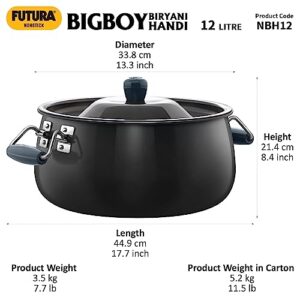 Hawkins Futura 12 Litre BigBoy Biryani Handi, Non Stick Pot with Glass Lid, Sauce Pan for Cooking and Serving Biriyani, Black (NBH12)