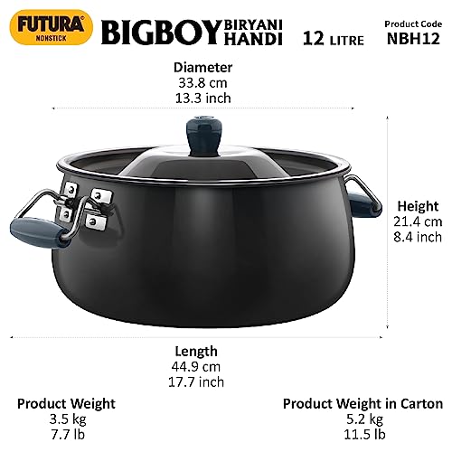 Hawkins Futura 12 Litre BigBoy Biryani Handi, Non Stick Pot with Glass Lid, Sauce Pan for Cooking and Serving Biriyani, Black (NBH12)