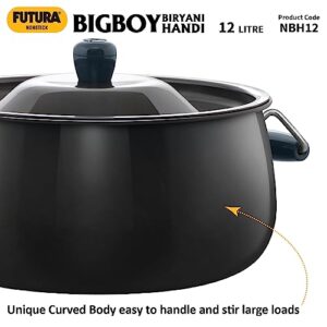 Hawkins Futura 12 Litre BigBoy Biryani Handi, Non Stick Pot with Glass Lid, Sauce Pan for Cooking and Serving Biriyani, Black (NBH12)