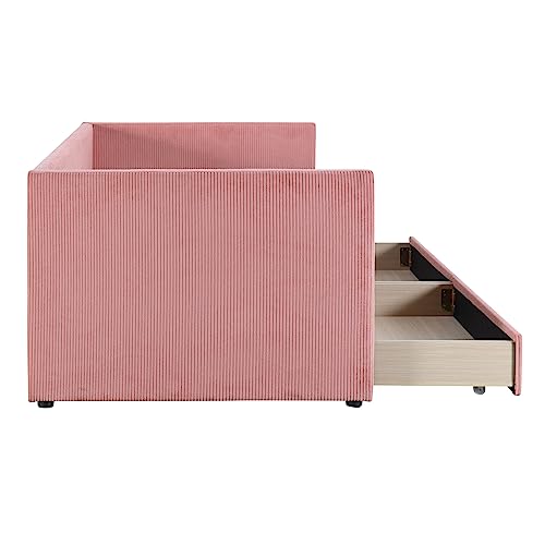 Merax Twin Size Corduroy Daybed with Two Drawers and Wood Slat,Sofa Bed Frame for Bedroom,Girls,Pink