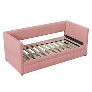 Merax Twin Size Corduroy Daybed with Two Drawers and Wood Slat,Sofa Bed Frame for Bedroom,Girls,Pink