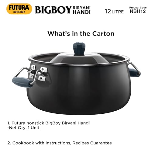 Hawkins Futura 12 Litre BigBoy Biryani Handi, Non Stick Pot with Glass Lid, Sauce Pan for Cooking and Serving Biriyani, Black (NBH12)