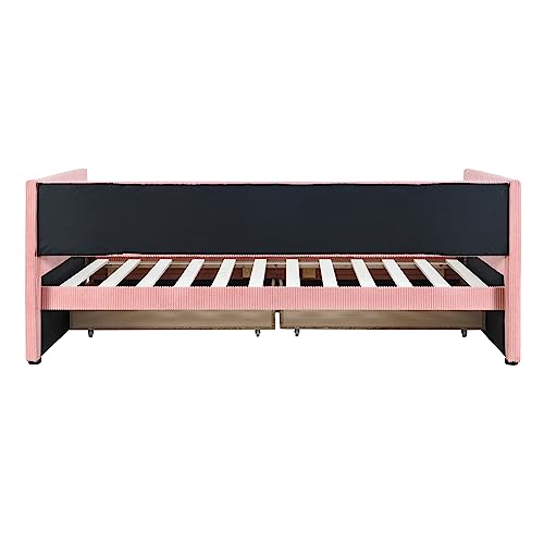 Merax Twin Size Corduroy Daybed with Two Drawers and Wood Slat,Sofa Bed Frame for Bedroom,Girls,Pink