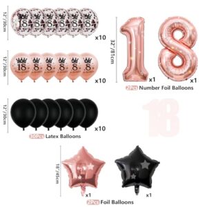 18th Black and Rose Gold Party Decorations - Happy Birthday Banner, Pennant, Birthday Balloons, Fringe Curtains, Tablecloth, Cake Topper, Hanging Swirls 18th Birthday Decorations for Girls Princess