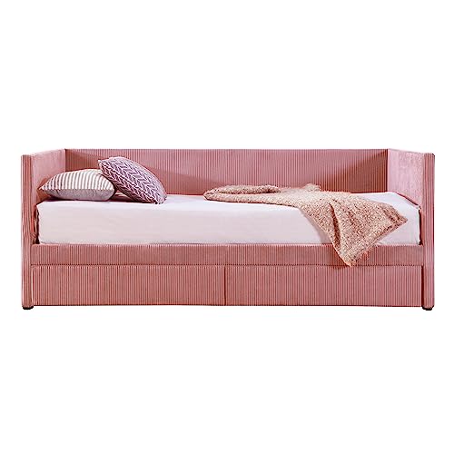 Merax Twin Size Corduroy Daybed with Two Drawers and Wood Slat,Sofa Bed Frame for Bedroom,Girls,Pink