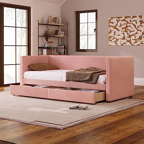 Merax Twin Size Corduroy Daybed with Two Drawers and Wood Slat,Sofa Bed Frame for Bedroom,Girls,Pink