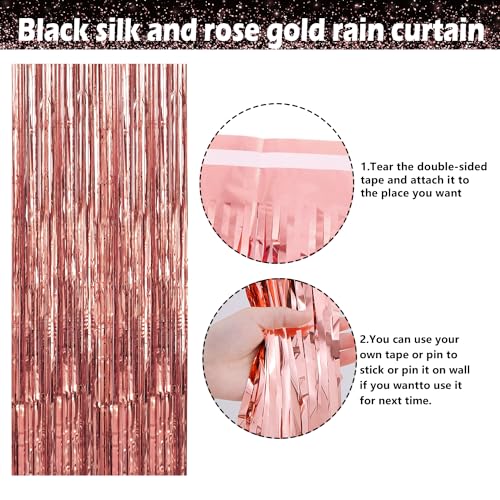 18th Black and Rose Gold Party Decorations - Happy Birthday Banner, Pennant, Birthday Balloons, Fringe Curtains, Tablecloth, Cake Topper, Hanging Swirls 18th Birthday Decorations for Girls Princess