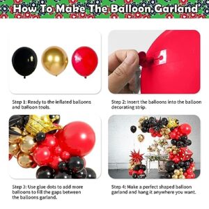 Casino Theme Balloon Arch Kit, 104 Pcs Red Black and Gold Metallic Latex Balloon Garland Kit with Dice Crown Explosion Star for Women Men Casino Night Las Vegas Birthday Graduation Party Decorations