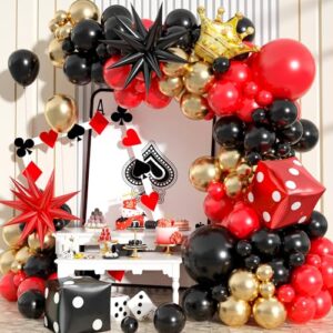 casino theme balloon arch kit, 104 pcs red black and gold metallic latex balloon garland kit with dice crown explosion star for women men casino night las vegas birthday graduation party decorations