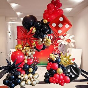 Casino Theme Balloon Arch Kit, 104 Pcs Red Black and Gold Metallic Latex Balloon Garland Kit with Dice Crown Explosion Star for Women Men Casino Night Las Vegas Birthday Graduation Party Decorations