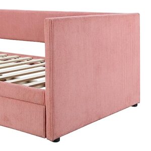 Merax Twin Size Corduroy Daybed with Two Drawers and Wood Slat,Sofa Bed Frame for Bedroom,Girls,Pink