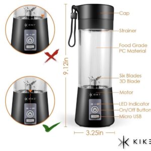 KIKE Portable Blender, Personal Blender for Shakes and Smoothies with 6 Blades and 16oz, USB Rechargeable, Travel Cup and Lid, Juices, Baby Food, Heavy Duty and Food Processor (BLACK)