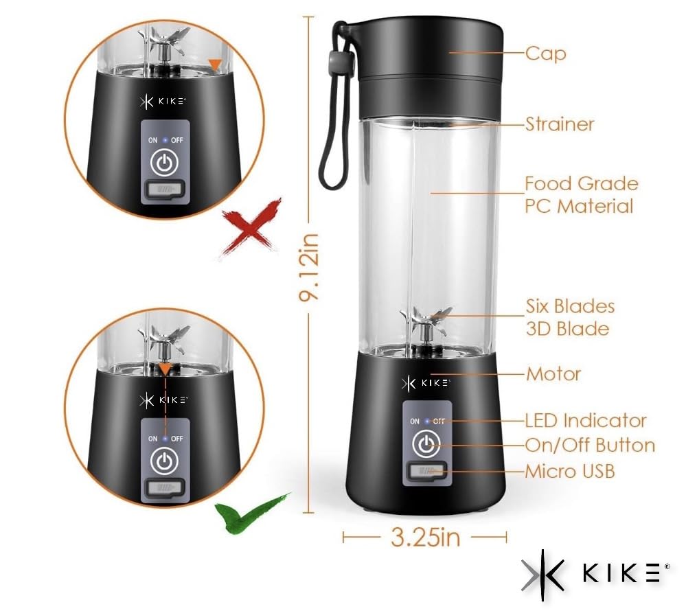 KIKE Portable Blender, Personal Blender for Shakes and Smoothies with 6 Blades and 16oz, USB Rechargeable, Travel Cup and Lid, Juices, Baby Food, Heavy Duty and Food Processor (BLACK)