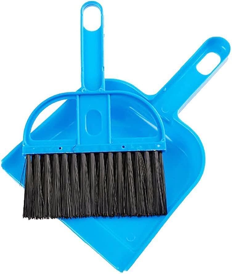 Small Broom and Dustpan Set Portable Plastic Brush Set Broom with Handle, Nesting Tiny Cleaning Broom, Mini Hand Broom and Dustpan Set for Table, Desk, Keyboard, Cars and Pet Nest(Blue)