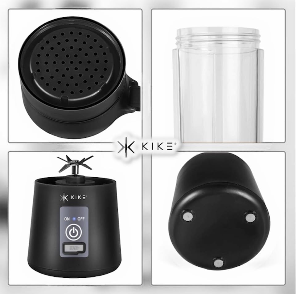 KIKE Portable Blender, Personal Blender for Shakes and Smoothies with 6 Blades and 16oz, USB Rechargeable, Travel Cup and Lid, Juices, Baby Food, Heavy Duty and Food Processor (BLACK)