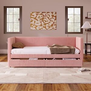 Merax Twin Size Corduroy Daybed with Two Drawers and Wood Slat,Sofa Bed Frame for Bedroom,Girls,Pink