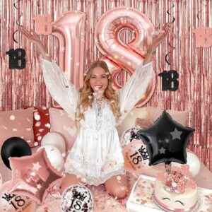 18th Black and Rose Gold Party Decorations - Happy Birthday Banner, Pennant, Birthday Balloons, Fringe Curtains, Tablecloth, Cake Topper, Hanging Swirls 18th Birthday Decorations for Girls Princess