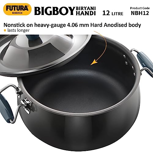 Hawkins Futura 12 Litre BigBoy Biryani Handi, Non Stick Pot with Glass Lid, Sauce Pan for Cooking and Serving Biriyani, Black (NBH12)