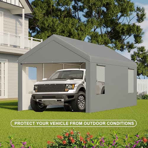 CAPEWORTH Carport,12x20 Heavy Duty Carports,Canopy,Garage,Metal Shed,with 4 Roll-up Ventilated Windows,Outdoor,Storage,Car,Boat,12x20 Gray